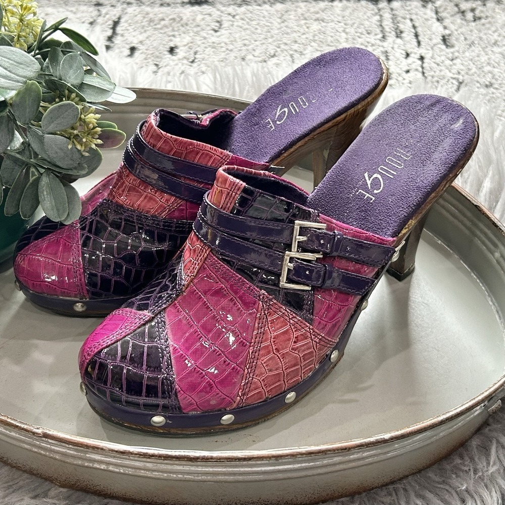 ROUGE Helium Multicolor Purple & Pink Patch Design Faux Wood Heels 8.5